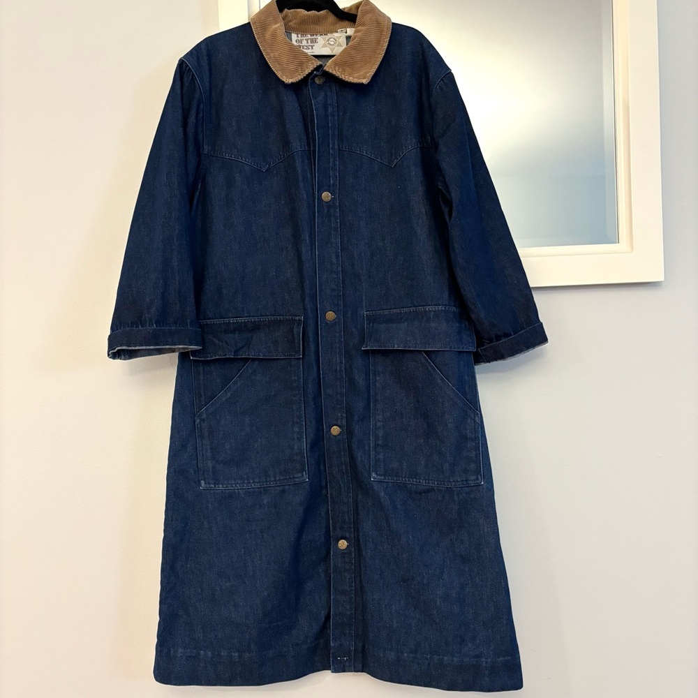 Vintage Cowboy Blue Denim with Brown Corduroy Collar Trench Duster Coat